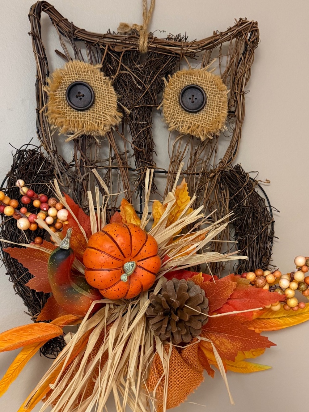 Rustic Fall Owl Grapevine Wreath 16in Autumn Harvest Pumpkin Berries - FALL